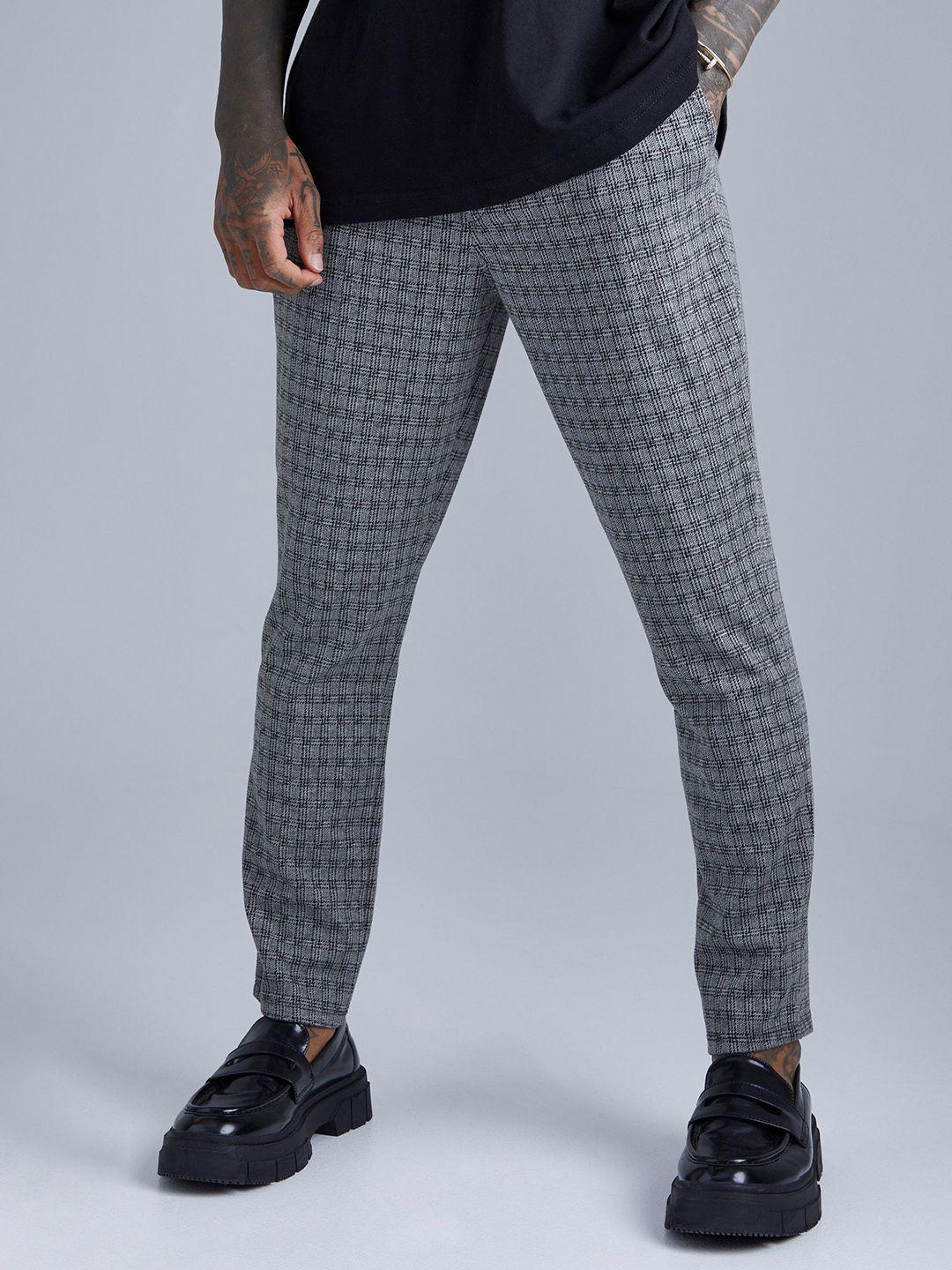 boohooman jacquard checked tapered fit trousers