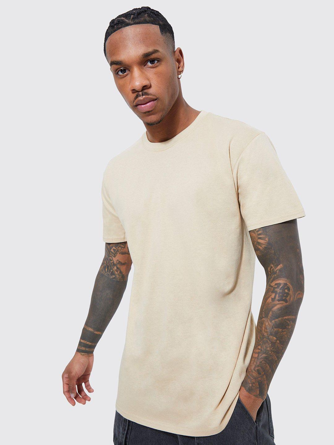 boohooman men cream-coloured typography printed pure cotton t-shirt