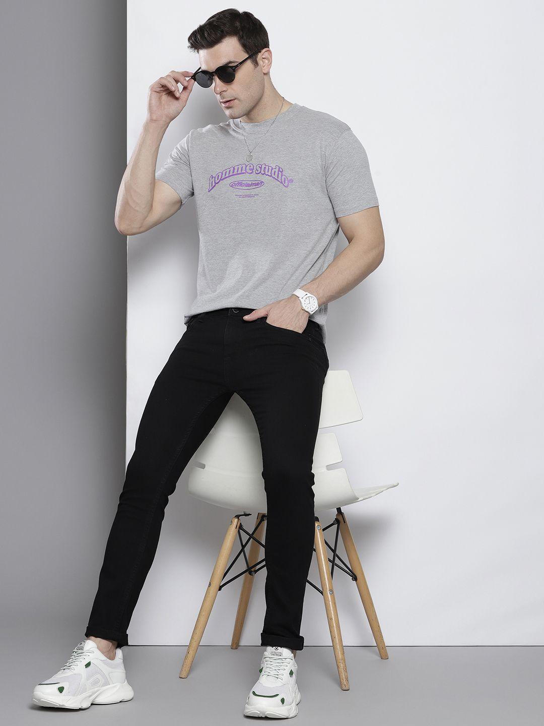 boohooman men grey melange & purple typography printed t-shirt