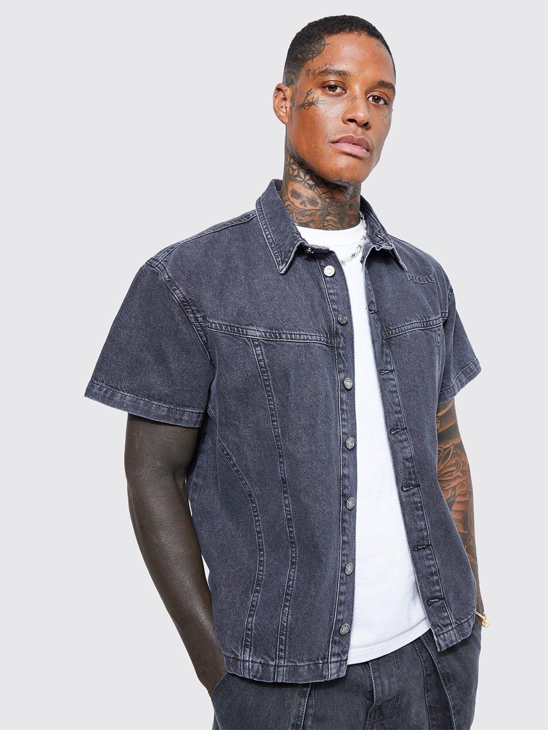 boohooman men pure cotton boxy denim shirt with contrast stitch