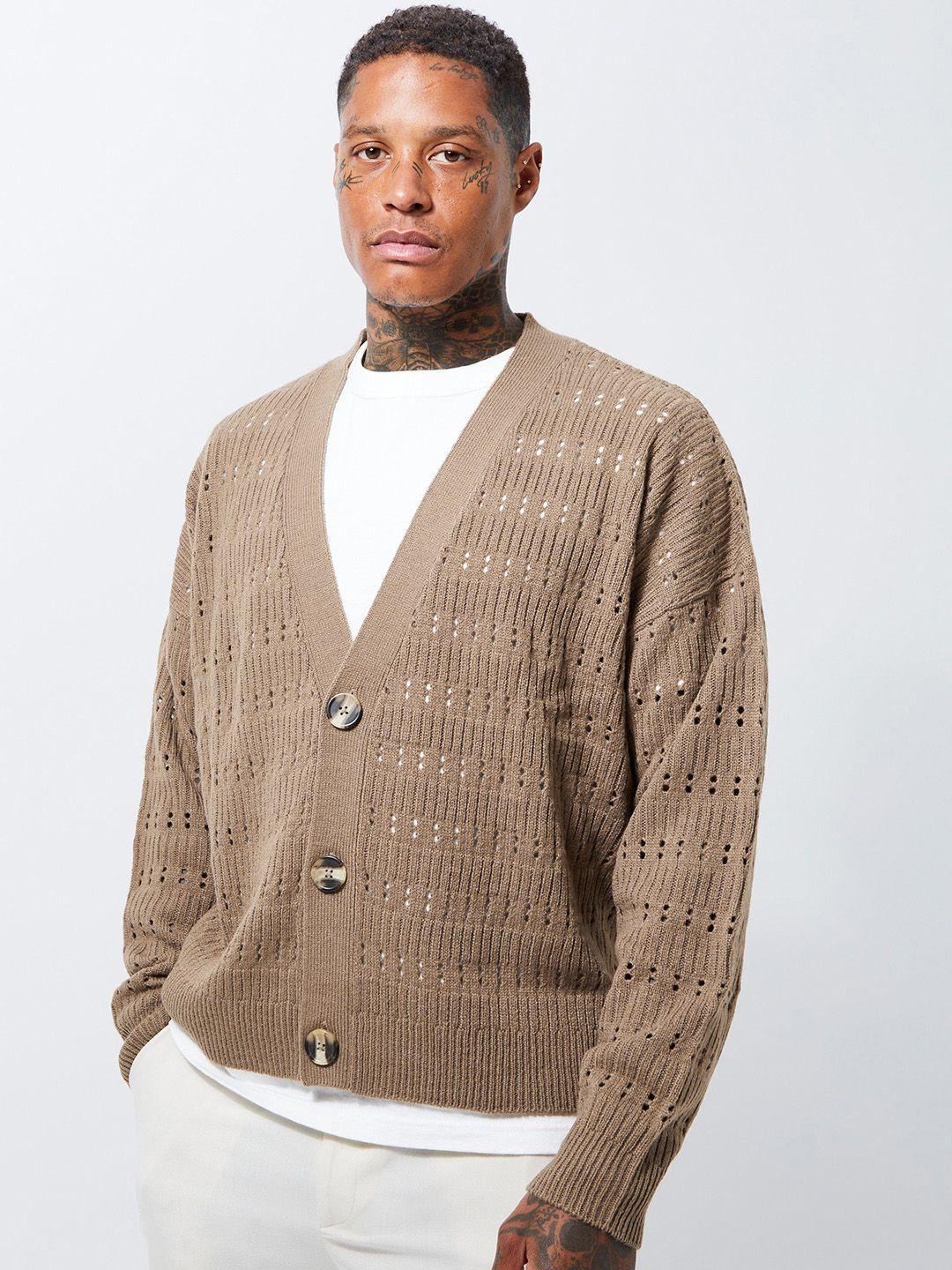 boohooman open-knit acrylic cardigan