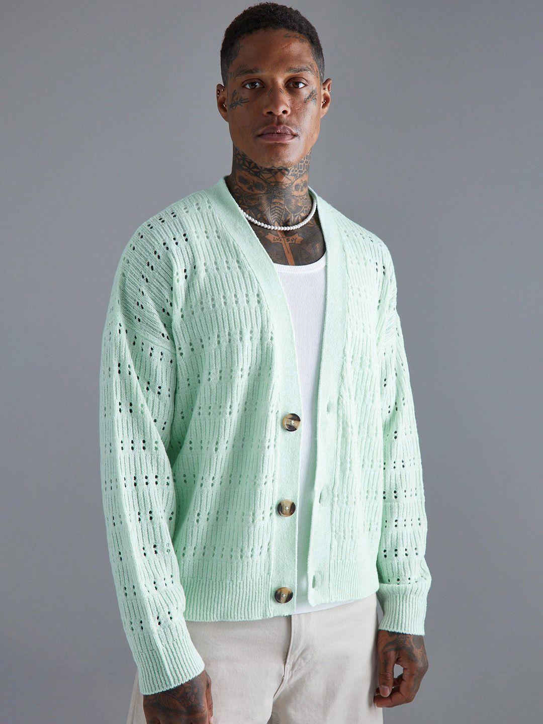 boohooman open knit acrylic cardigan