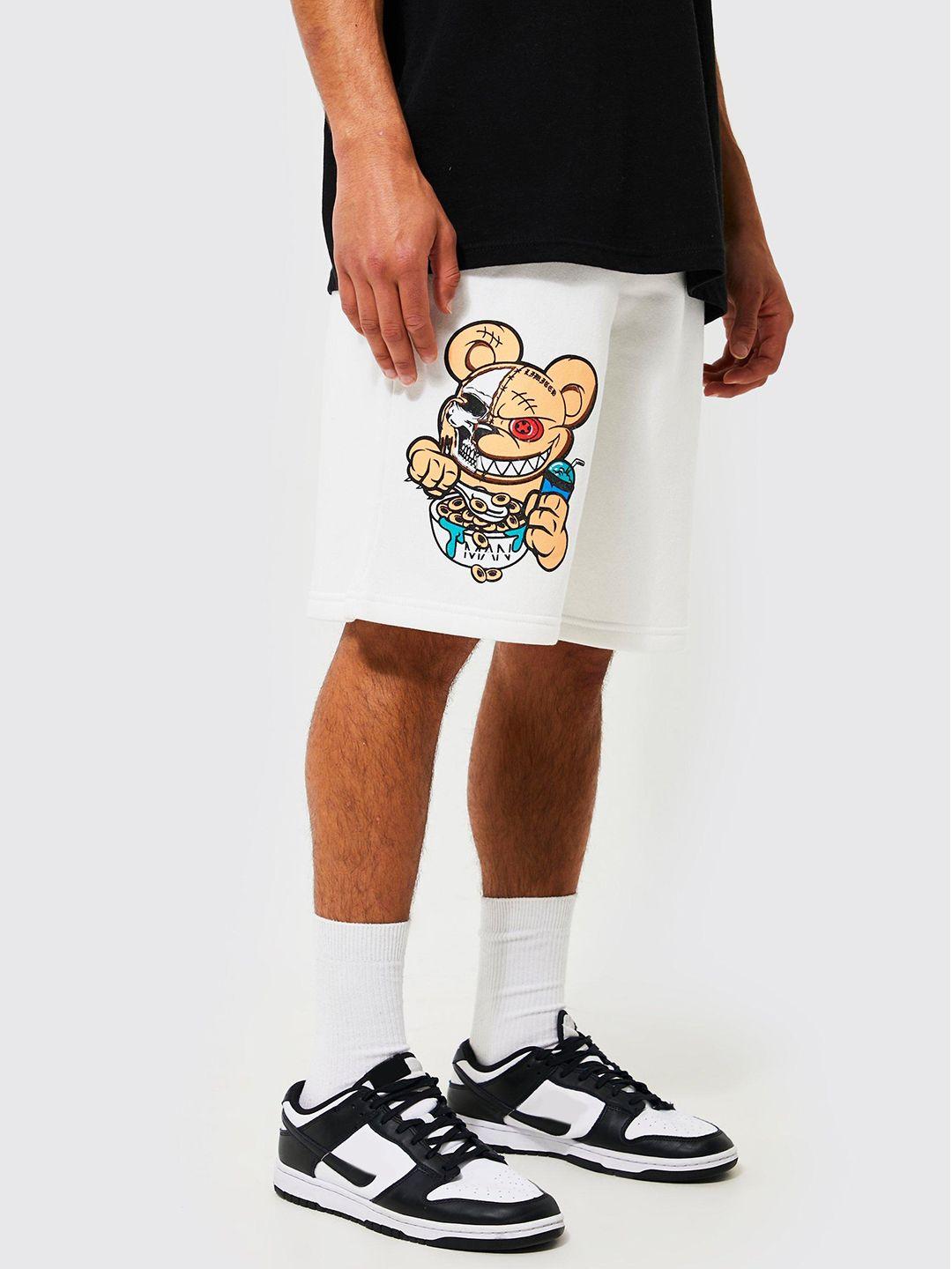 boohooman oversized evil teddy printed high-rise jersey shorts