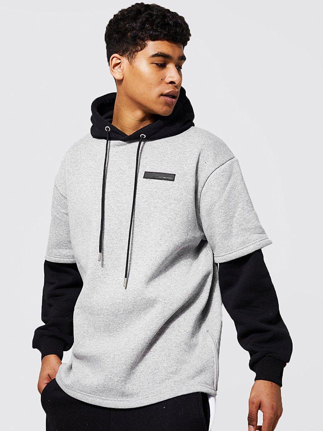 boohooman oversized faux layer cotton hooded sweatshirt