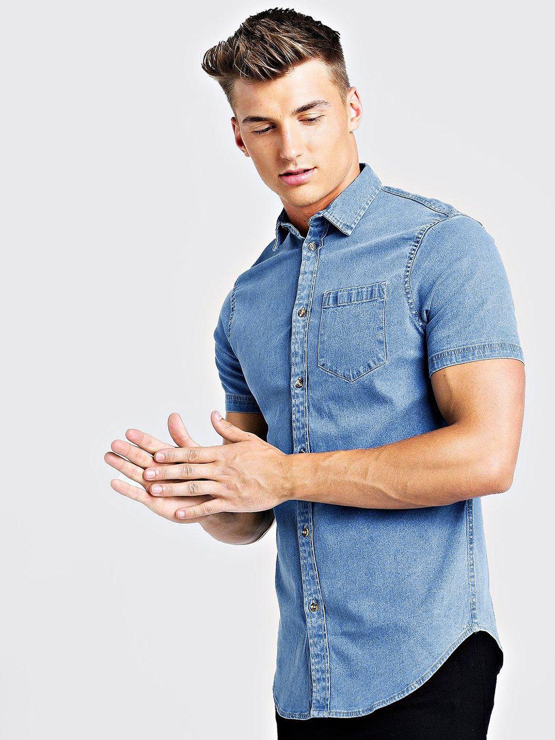 boohooman pure cotton denim muscle fit casual shirt