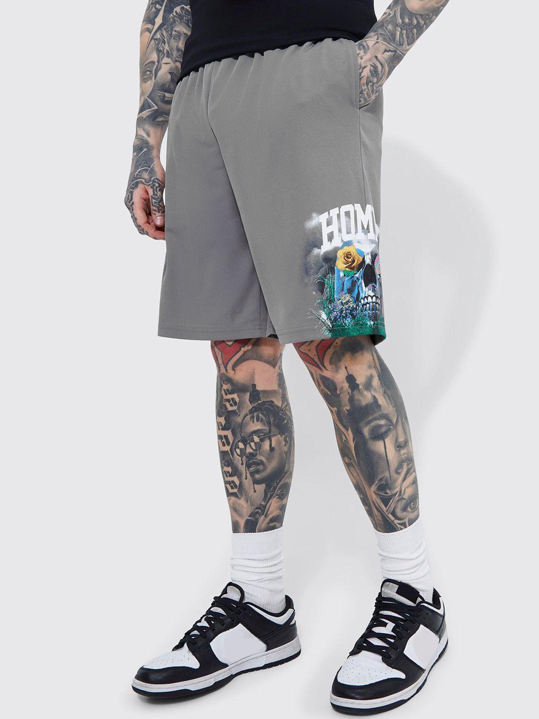 boohooman pure cotton graphic printed loose fit basketball shorts