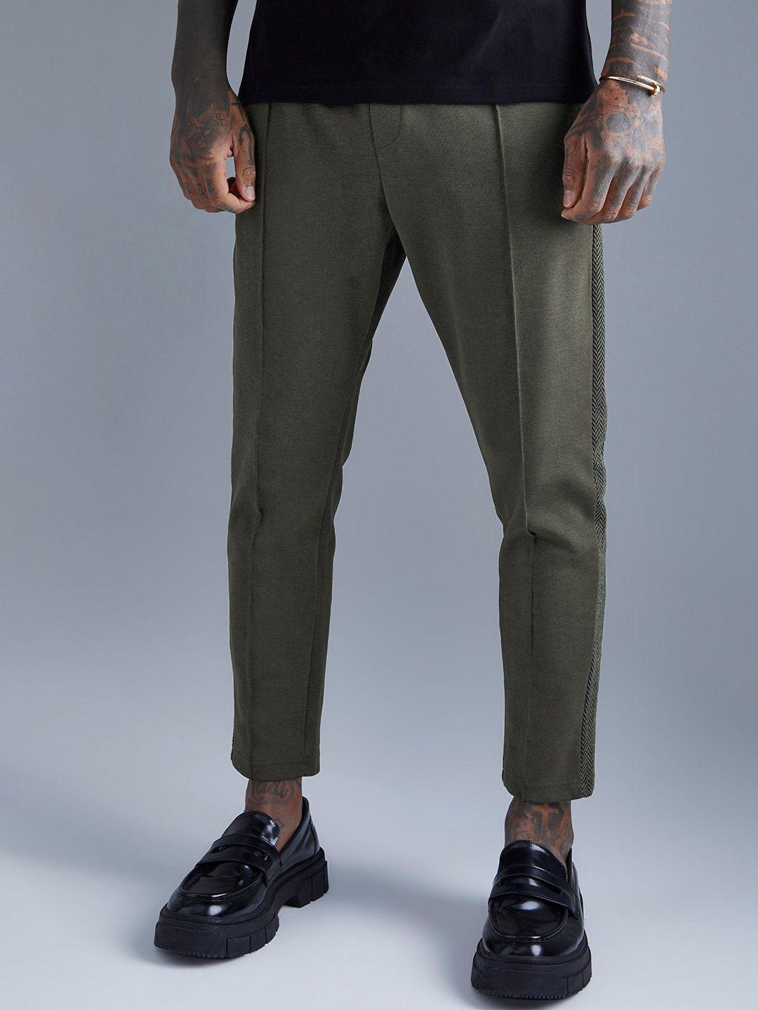 boohooman pure cotton slim tapered fit pintuck side panel trousers