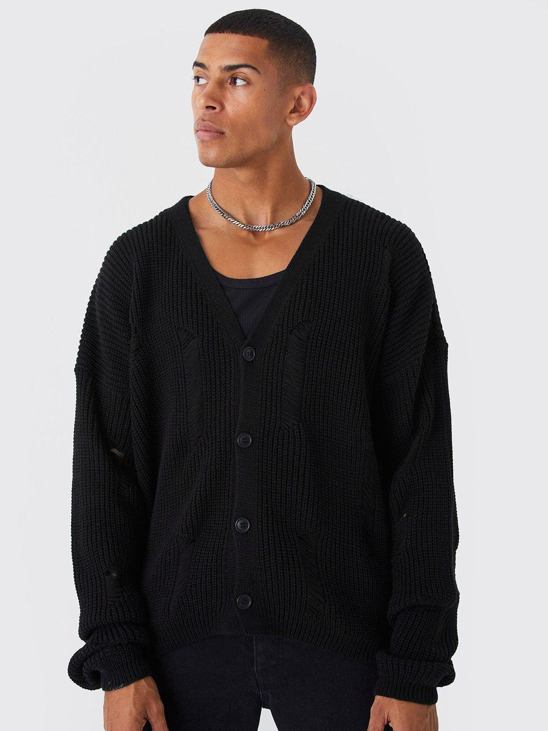 boohooman ribbed distressed boxy fit cardigan