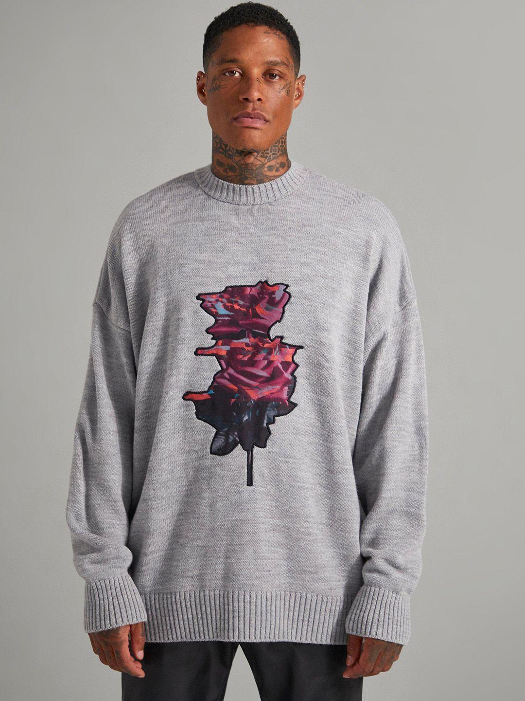 boohooman rose patch knitted acrylic pullover