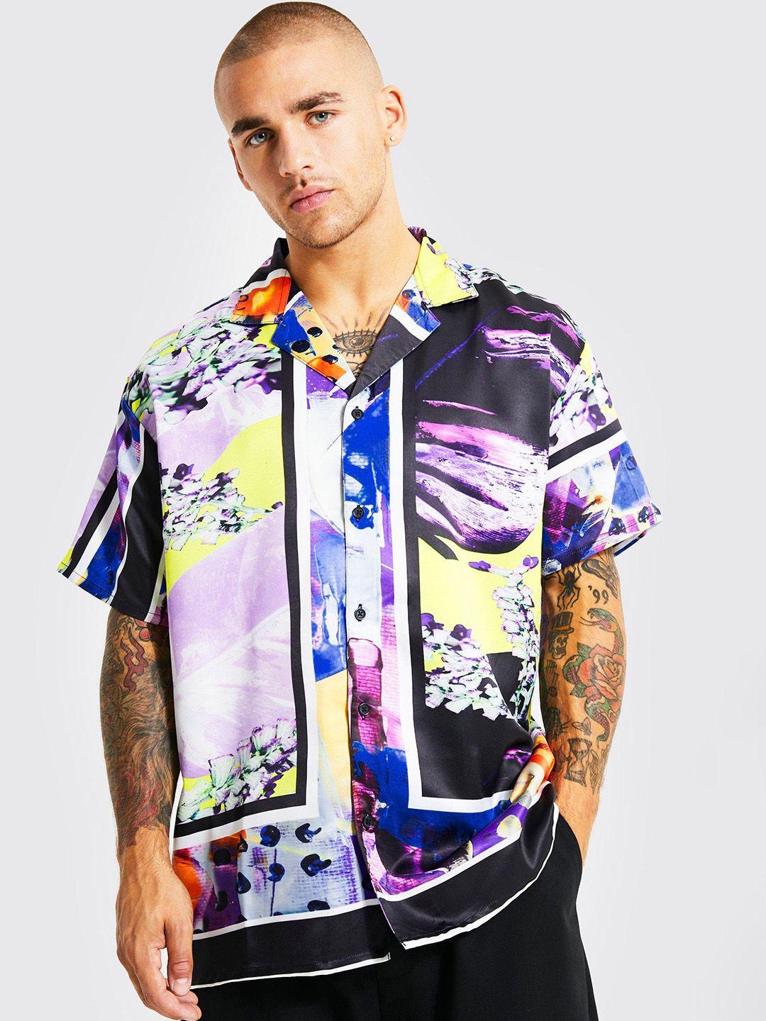 boohooman satin printed casual shirt