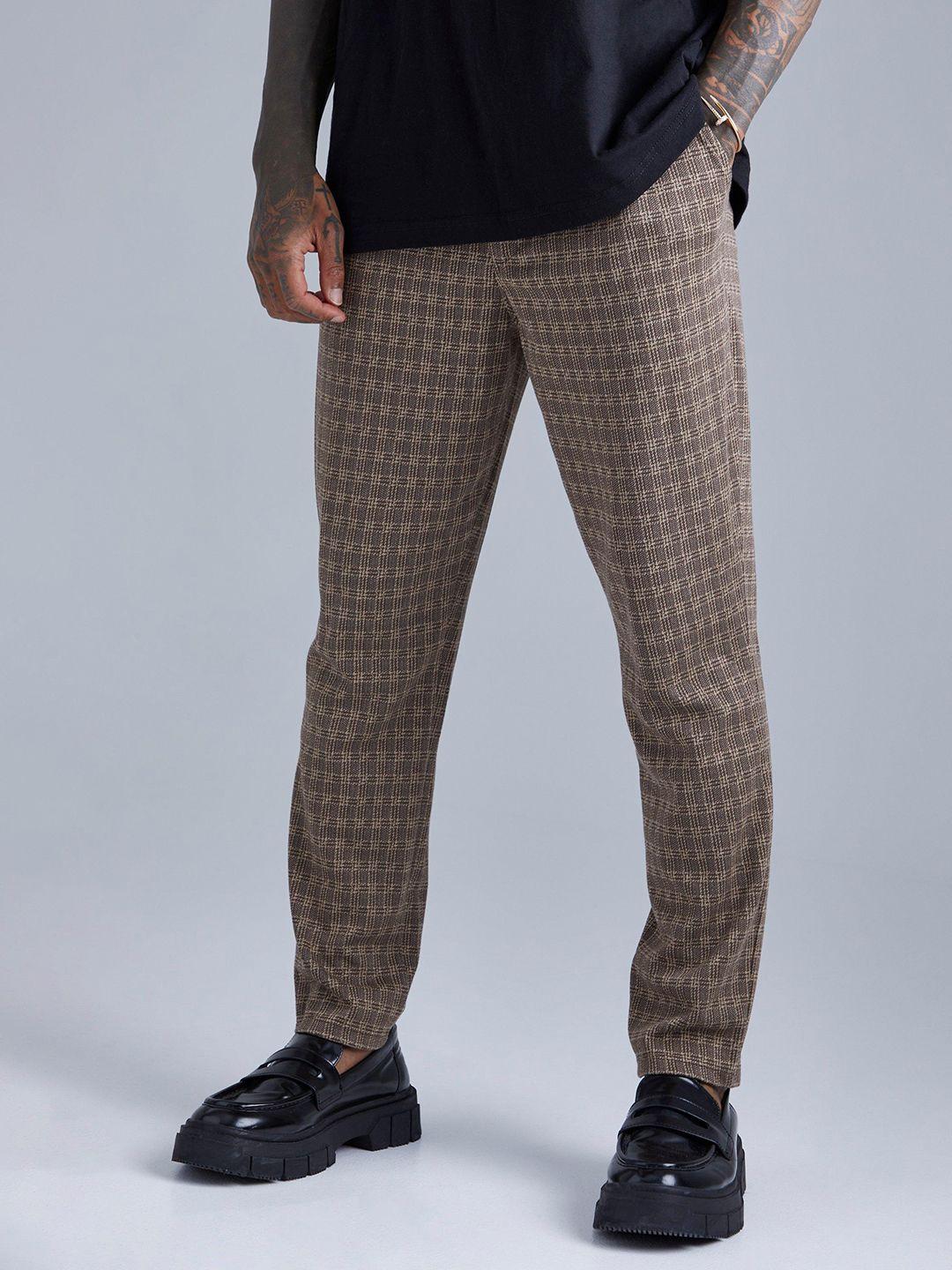 boohooman self-checked jacquard tapered fit trousers