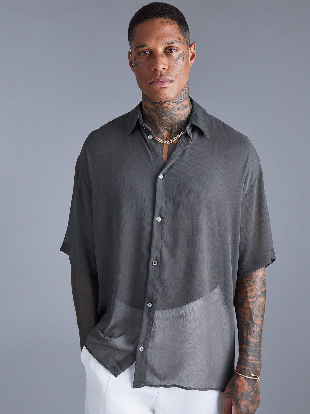 boohooman semi sheer chiffon boxy oversized shirt