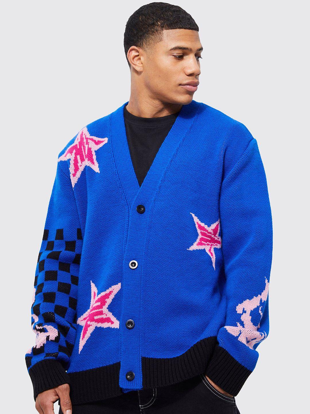 boohooman star and check printed relaxed fit acrylic cardigan