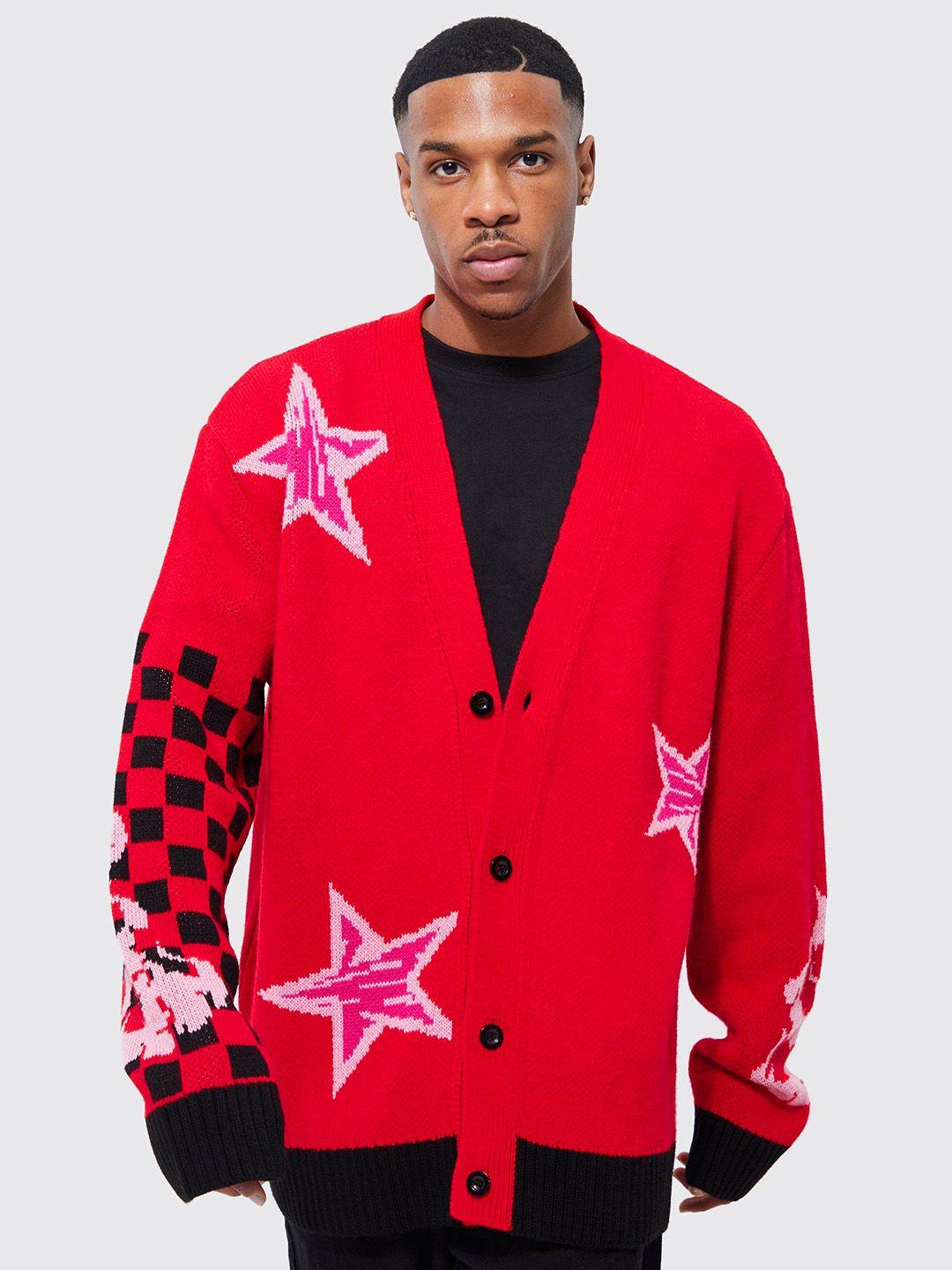 boohooman star and check printed relaxed fit knitted acrylic cardigan