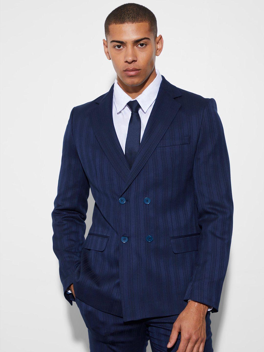 boohooman striped double-breasted formal blazer