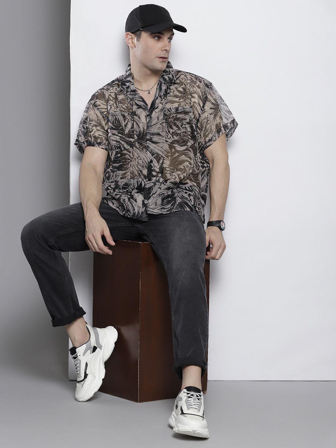 boohooman topical print sheer organza boxy casual shirt