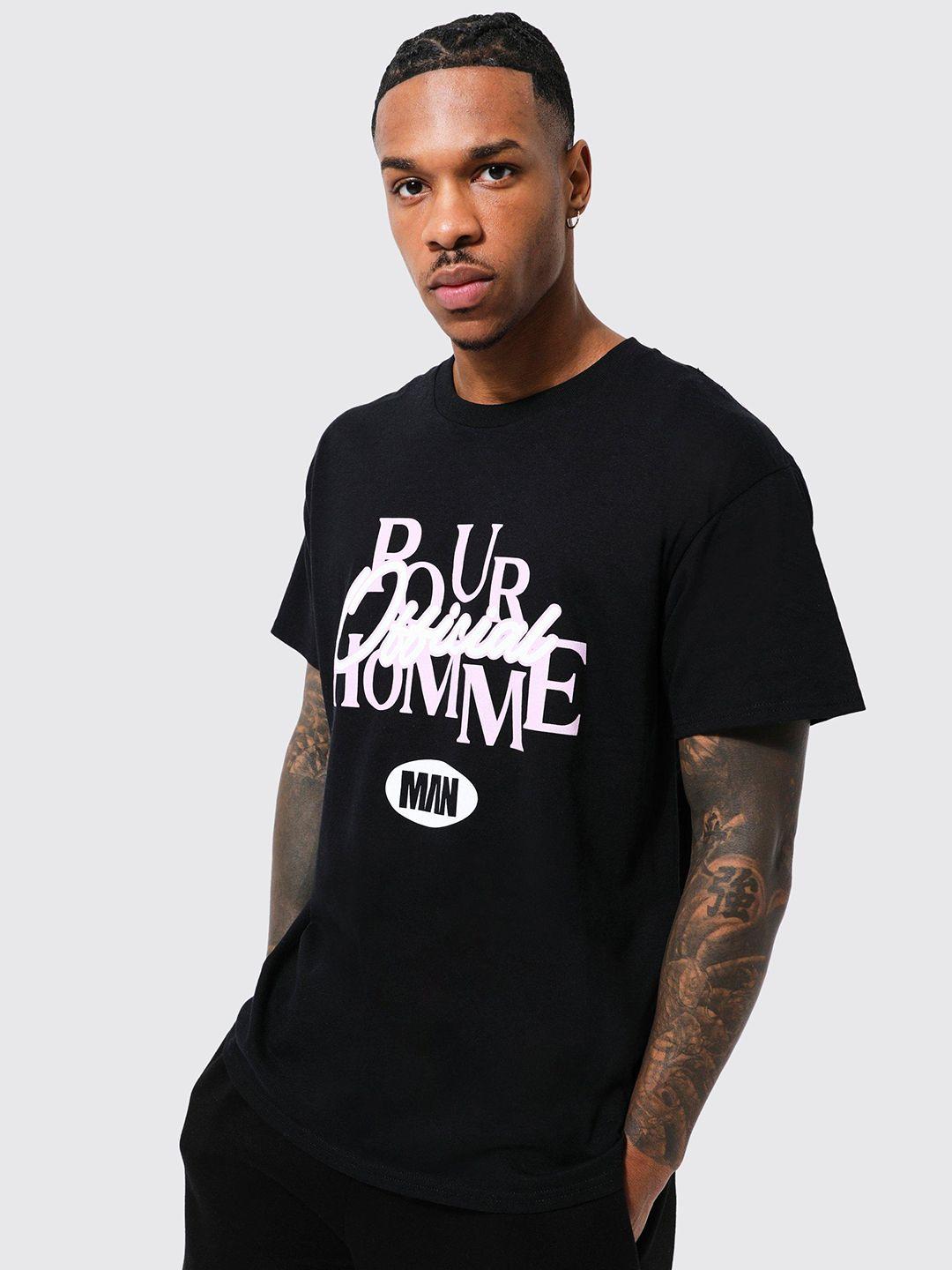 boohooman typographic printed drop-shoulder sleeves cotton t-shirt