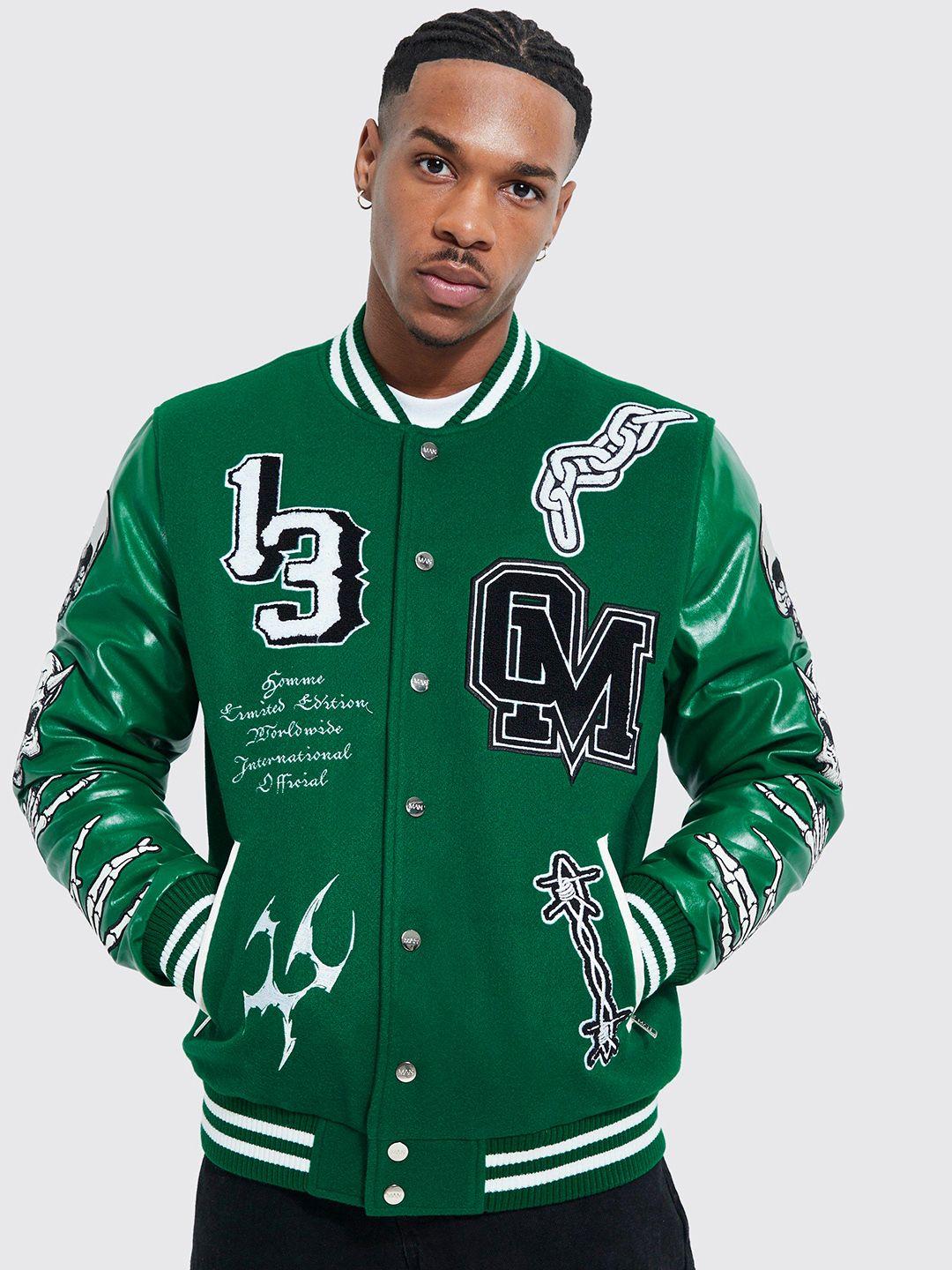 boohooman typography applique detail varsity jacket