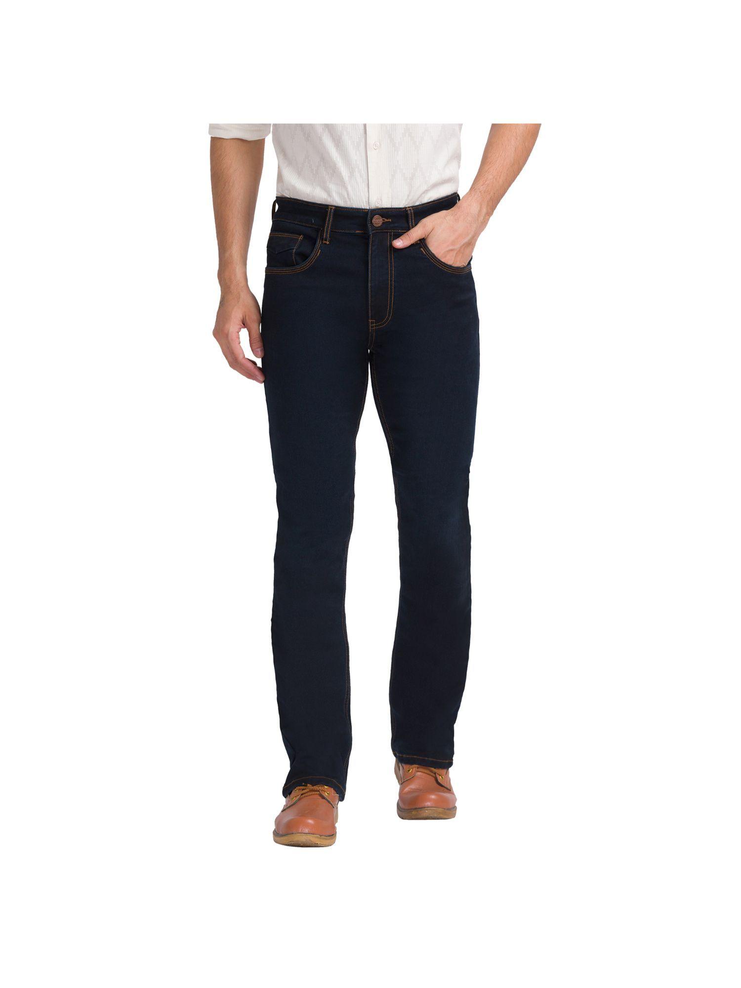 boot cut fit solid dark blue jeans