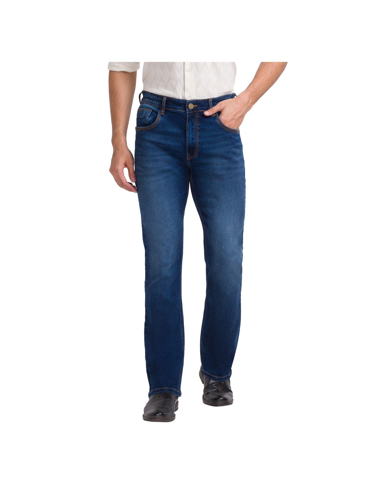 boot cut fit solid dark blue jeans