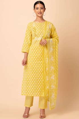 boota print embroidered cotton women's kurta with pants and dupatta set - yellow