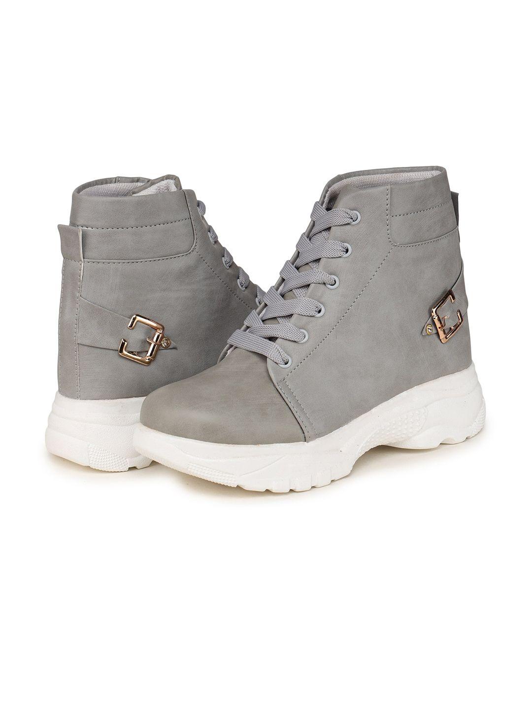 bootco women grey solid high-top flat boots