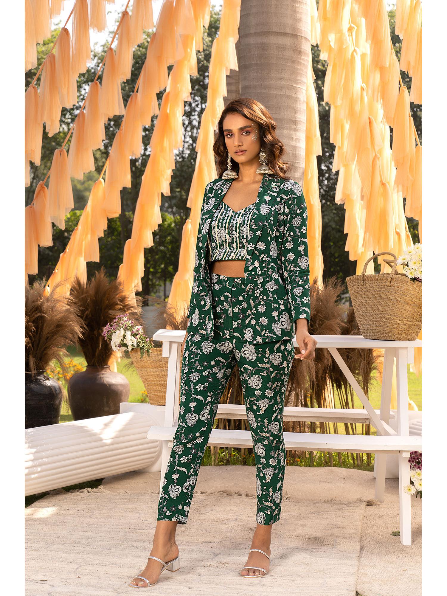 bootle green floral crop top with pants & jacket co-ord (set of 3)