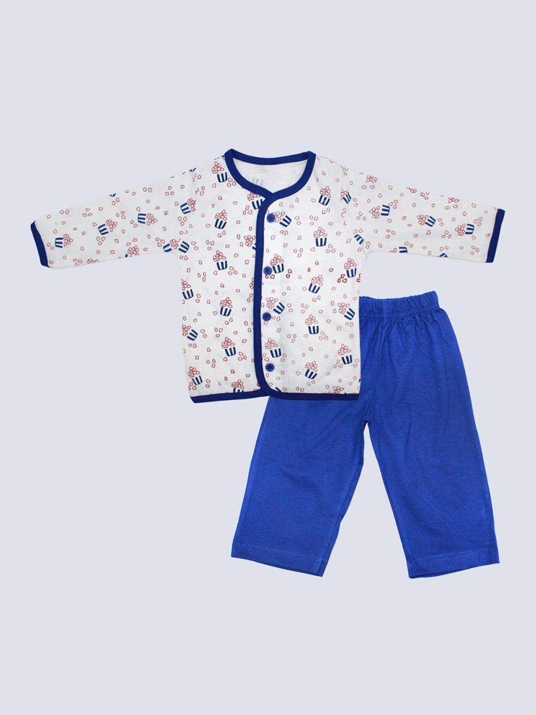 born babies unisex kids blue & white printed cotton blend t-shirt with trousers set