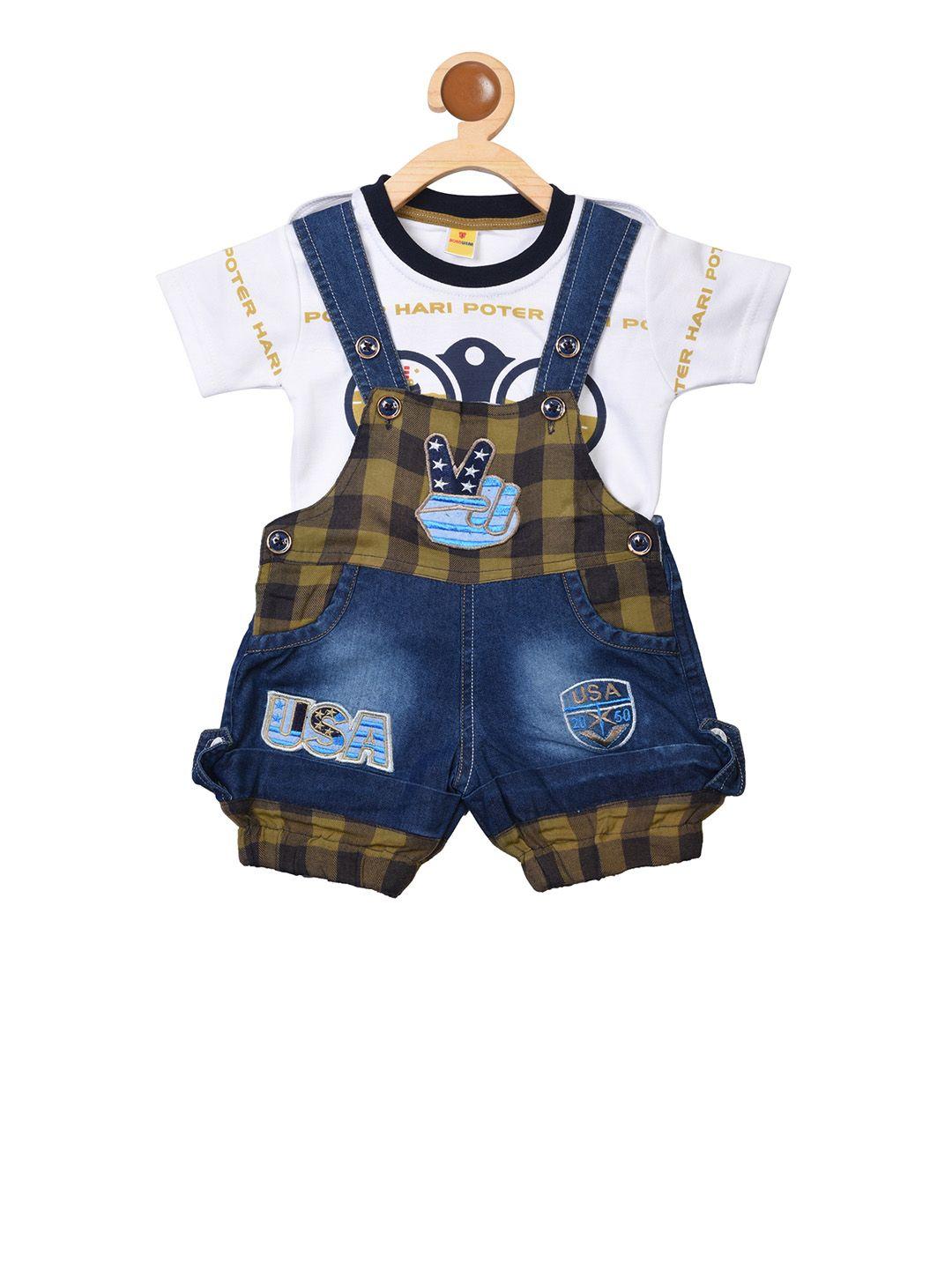 born wear kids blue & brown checked denim dungaree with t-shirt