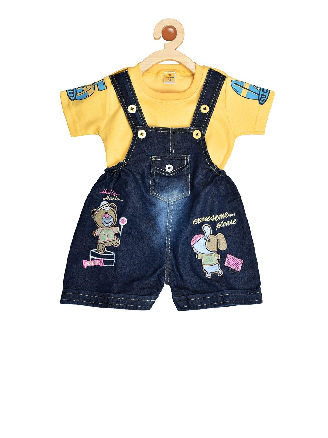 born wear unisex yellow & navy blue printed t-shirt with dungarees