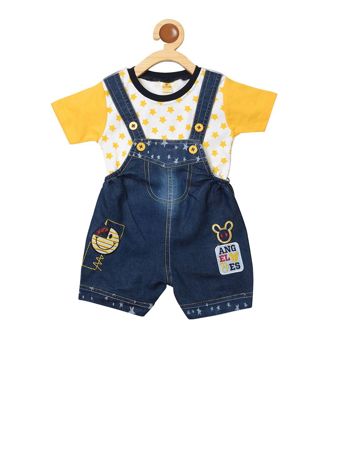 born wear boys yellow & navy blue printed dungarees