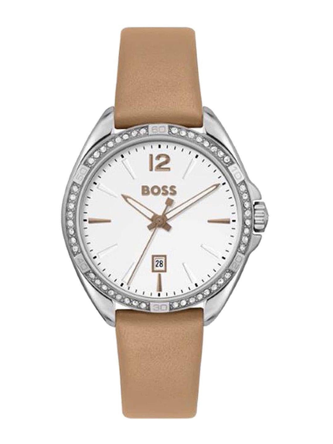 boss felina women brass embellished dial & leather straps analogue watch 01502644
