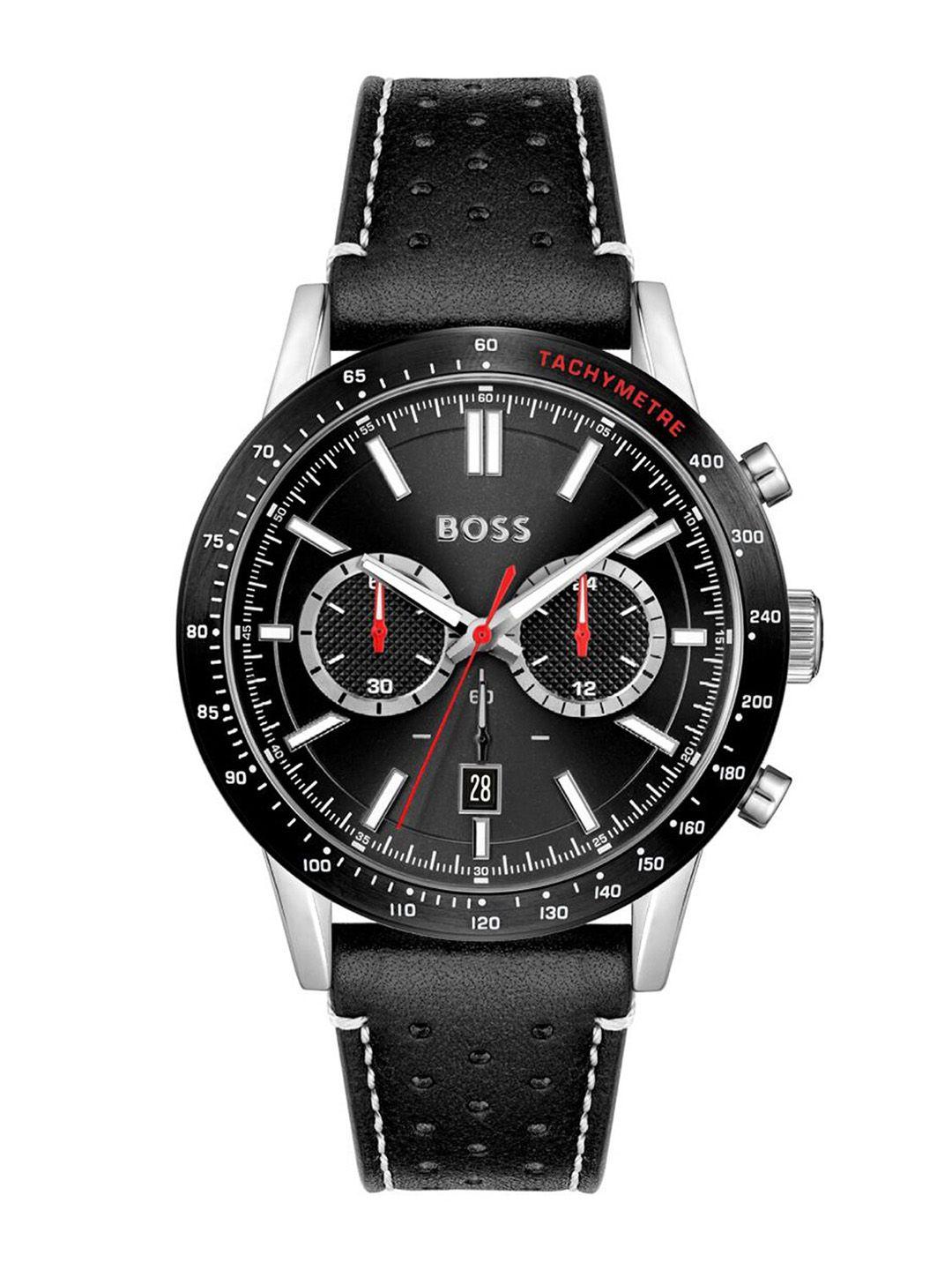 boss men textured dial & leather straps analogue chronograph watch 1513920