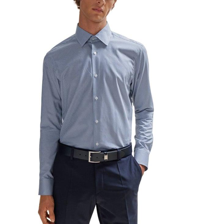 boss open blue geometric regular fit shirt