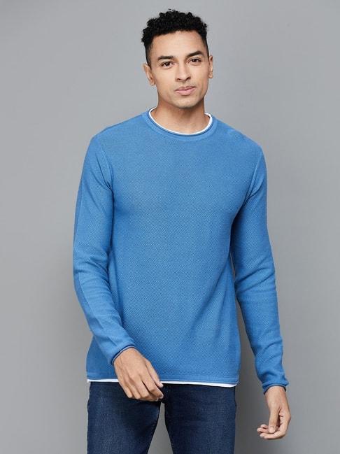 bossini blue cotton regular fit texture sweater