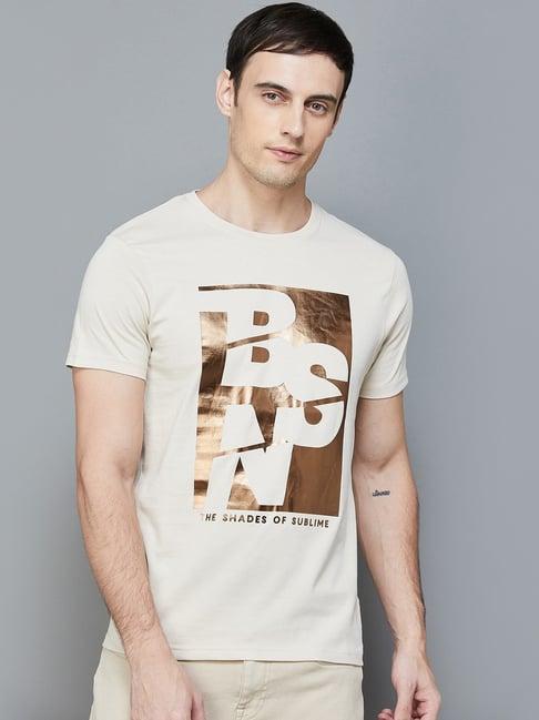 bossini beige cotton regular fit printed t-shirt