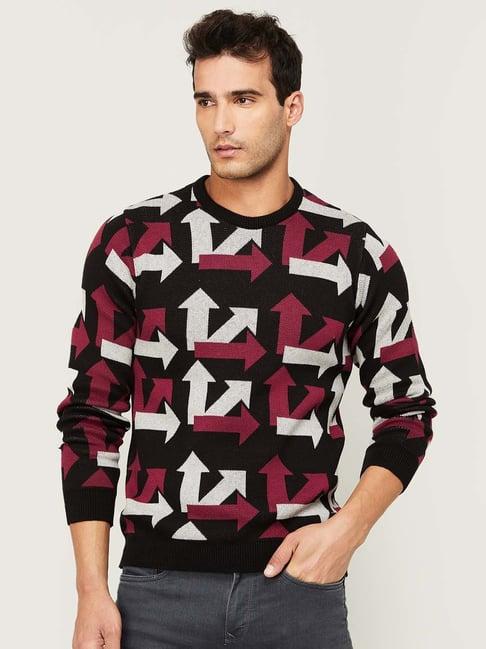 bossini black & red cotton regular fit printed sweater