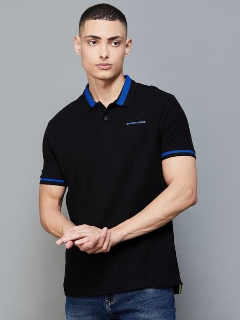 bossini black cotton regular fit polo t-shirt