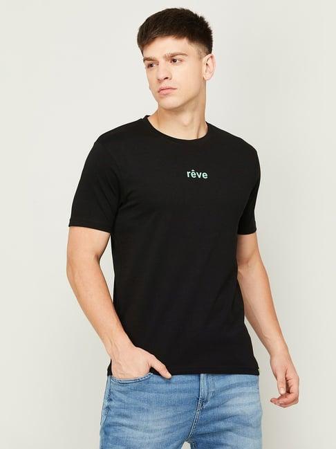 bossini black cotton regular fit printed t-shirt