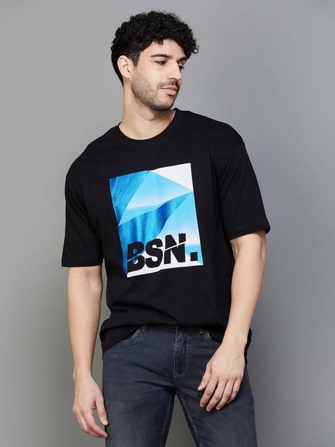 bossini black cotton regular fit printed t-shirt