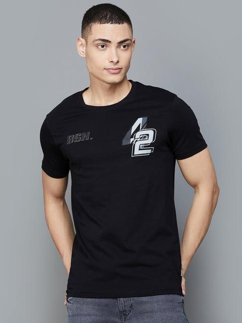 bossini black cotton regular fit printed t-shirt