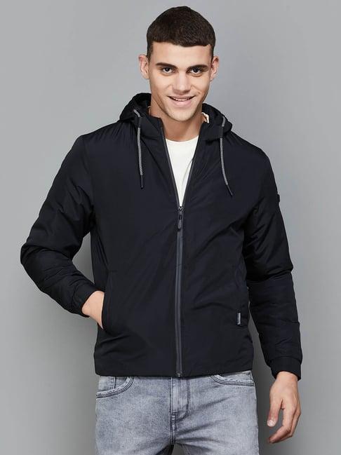 bossini black regular fit hooded jacket