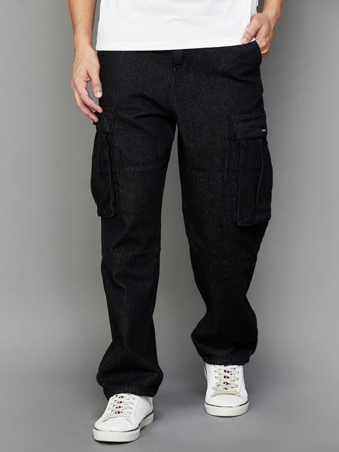 bossini black regular fit lightly washed cargo jeans