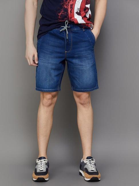 bossini dark blue cotton regular fit denim shorts