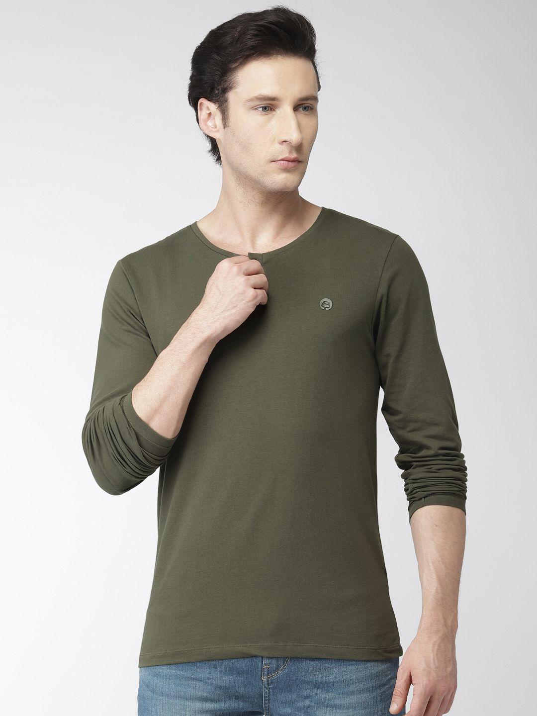 bossini men olive green solid henley neck t-shirt