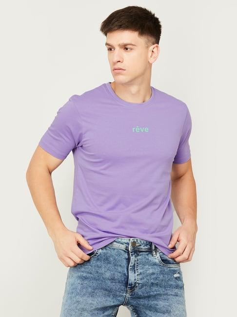 bossini purple cotton regular fit printed t-shirt