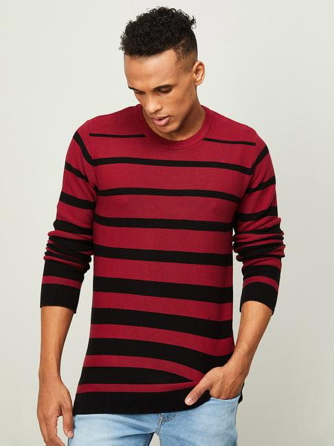 bossini red cotton regular fit striped sweater