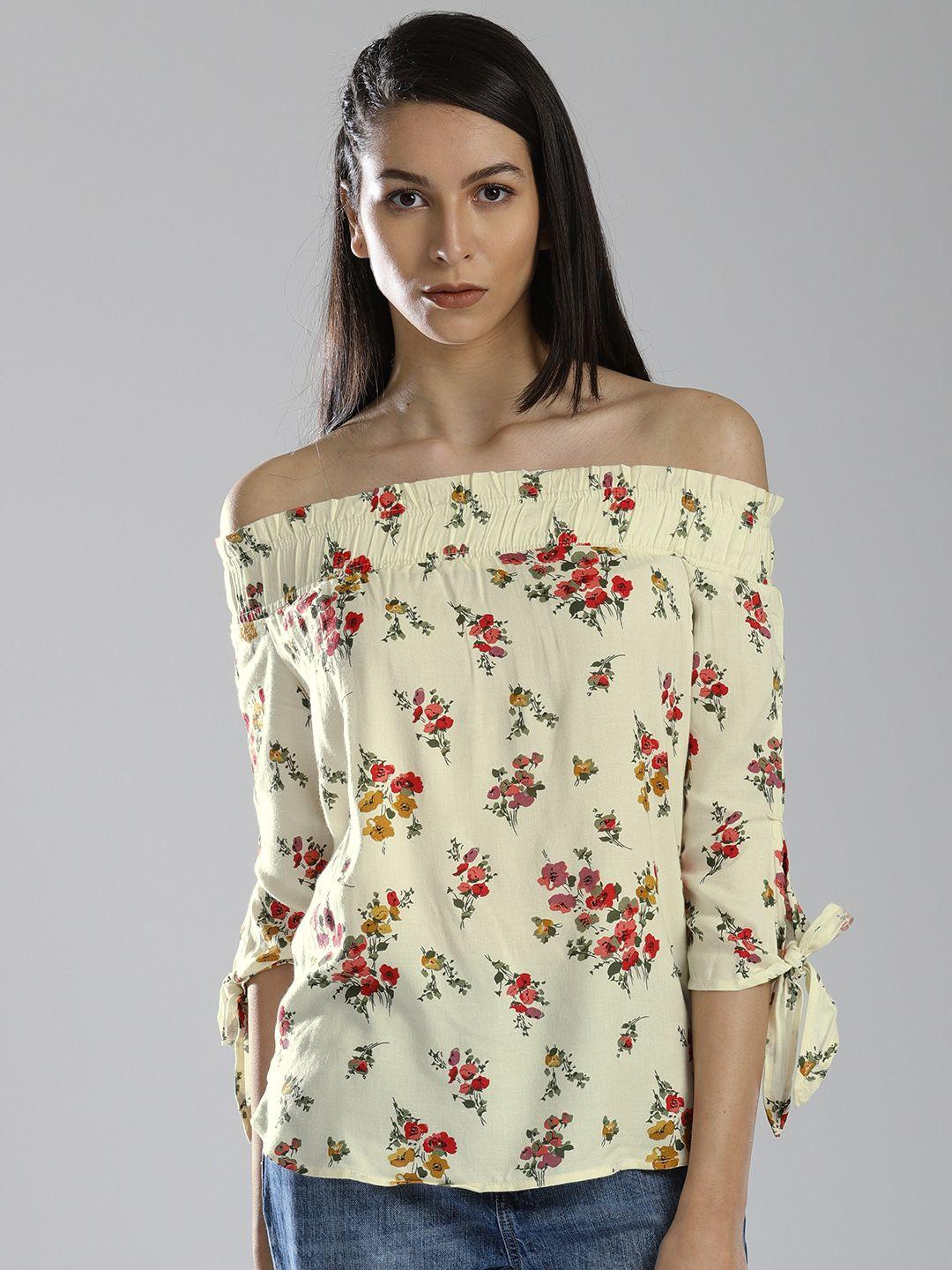 bossini women cream- coloured printed bardot top