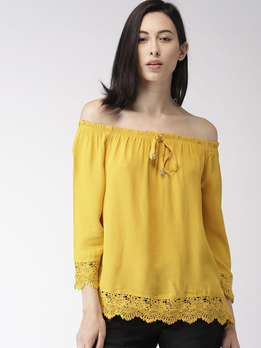 bossini women mustard yellow solid bardot top