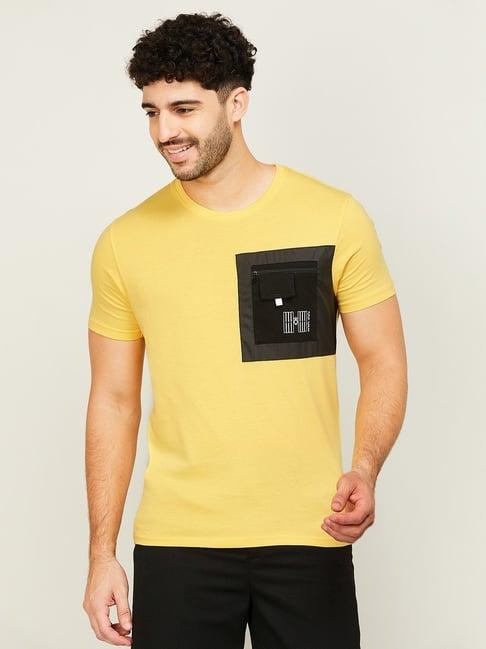 bossini yellow cotton slim fit printed t-shirt